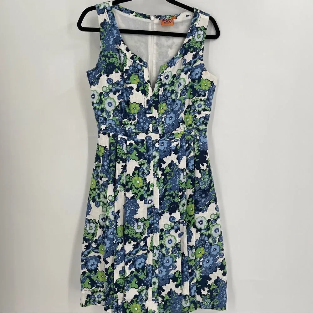 Tory Burch Blue Green White Amalia Linen Dress